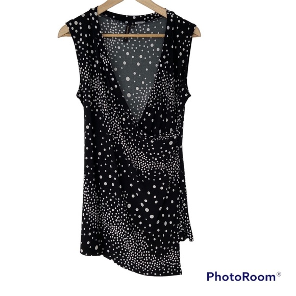 SUSAN LAWRENCE BLACK/WHITE POLKA DOT WRAP STYLE ASYMMETRICAL TOP/BLOUSE, LARGE - Picture 1 of 9